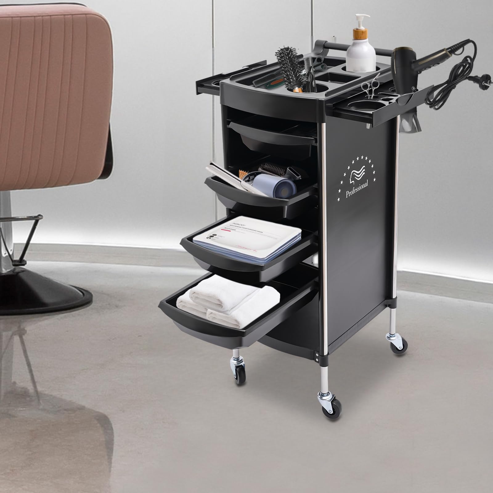 Chariot de coiffure avec 4 tiroirs et roues pour coiffeur style spa (noir)