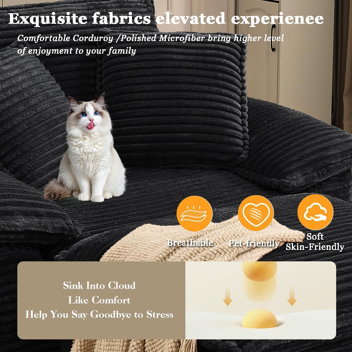 Chaise Lounge Chair with Ottoman, Black Corduroy Sofa Set, 47" Modern Single Boneless Cloud Sofa Memory Foam Couch Deep Seat with Pillow Cushion for Living Room/APT No Assembly Required