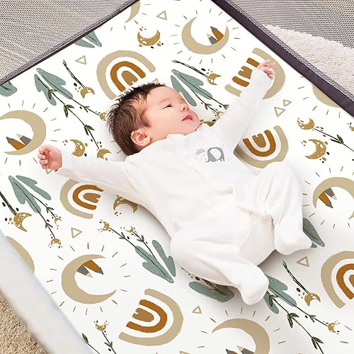 Miniatura 3 de GRSSDER Paquete de 2 sábanas elásticas para empacar y jugar, de punto de jersey ultra suave, juego de 2 sábanas portátilesmini cunas para niñas y