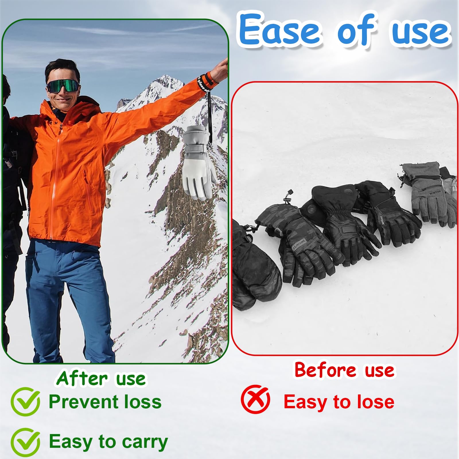 Cinghie per Guanti da Sci Regolabili 6 Pezzi in Nylon e Poliestere Elasticizzato 25,4cm x 2,5cm Nere con Cinturino a Strappo per Escursioni, Sci, Snowboard, Sport Invernali