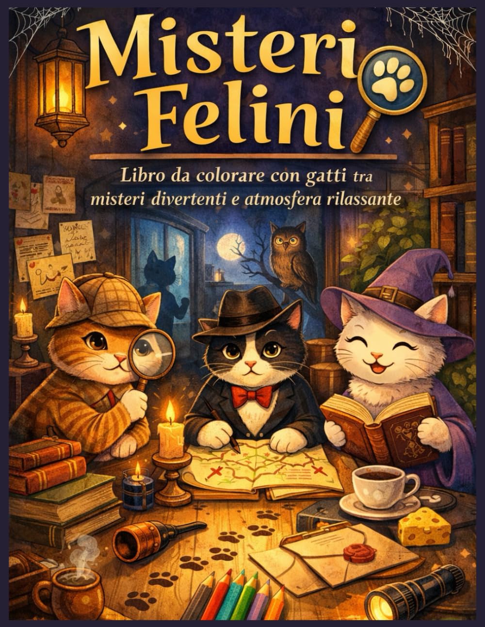 Misteri Felini: Libro da colorare con gatti tra misteri divertenti, scene investigative e atmosfera rilassante.
