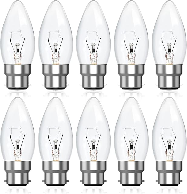 Luxvista Clear Candle Bulbs Bayonet 40W Dimmable Large Bayonet Candle Light Bulb, BC Candle Bulbs, C35 B22 Incandescent Lamps, Classic 240v Tungsten Lightbulbs Bayonette, Warm White 2600K (10-Pack)