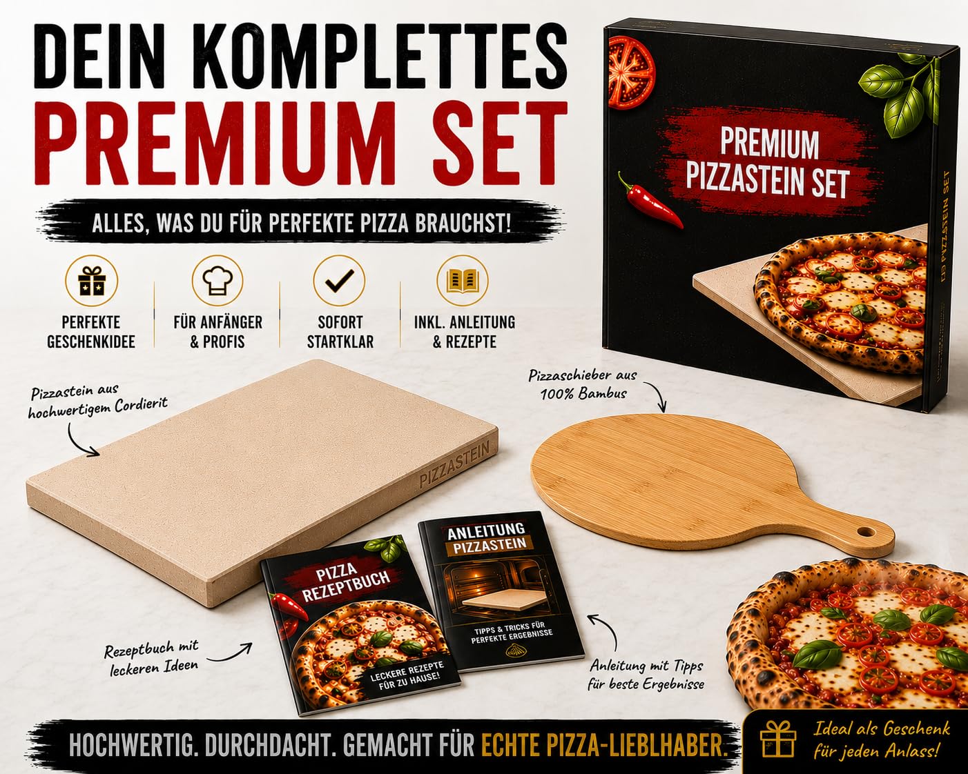 Premium Pizzastein Set für Grill & Backofen – Cordierit Pizzastein inkl. Bambus Pizzaschieber & Rezeptbuch (Rechteckig)