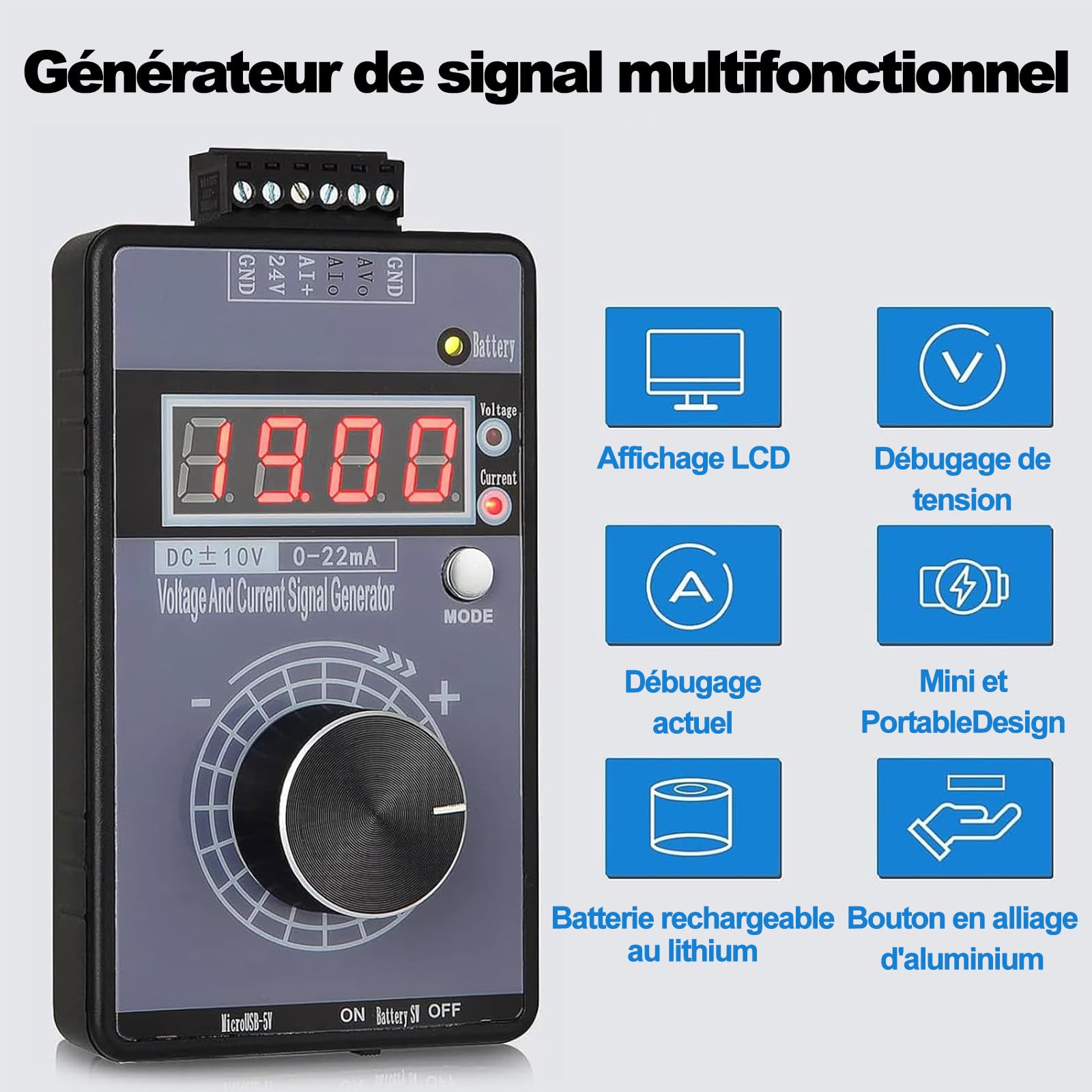 Générateur De Signal Portable, 4-20mA Générateur De Signal De Courant De Tension, 0-10V/0-22mA Ajustable Simulateur De Tension Actuelle Rechargeable Calibrateur De Source De Signal Analogique
