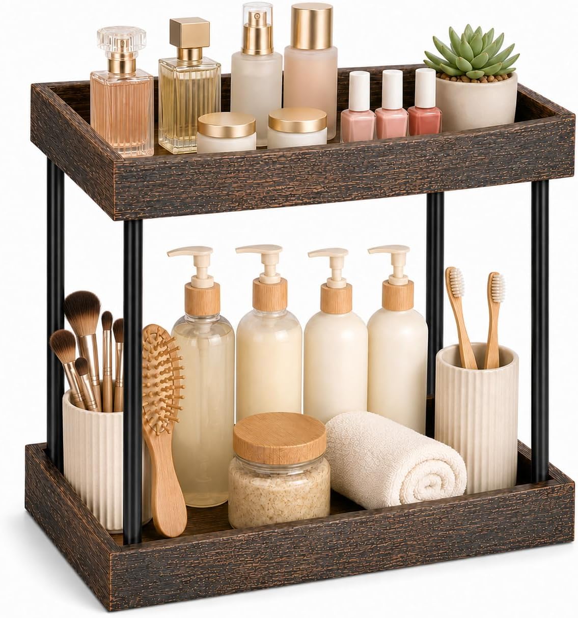 mahueeol 2-Tier Bathroom Counter Organizer with Wooden Trays