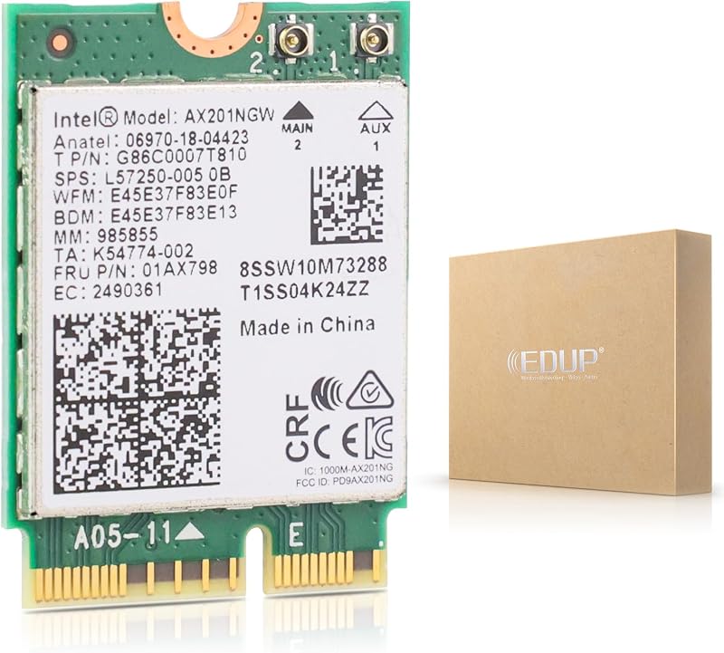 EDUP® Intel AX201NGW Wi-Fi 6 Wireless Card M.2 Bluetooth 5.2 2400Mbps | 2.4 GHz 5 GHz Network Adapter for Laptop Support Windows 10/11 (64bit) Linux Chrome OS Only Available with Gen Intel 10+ CPU
