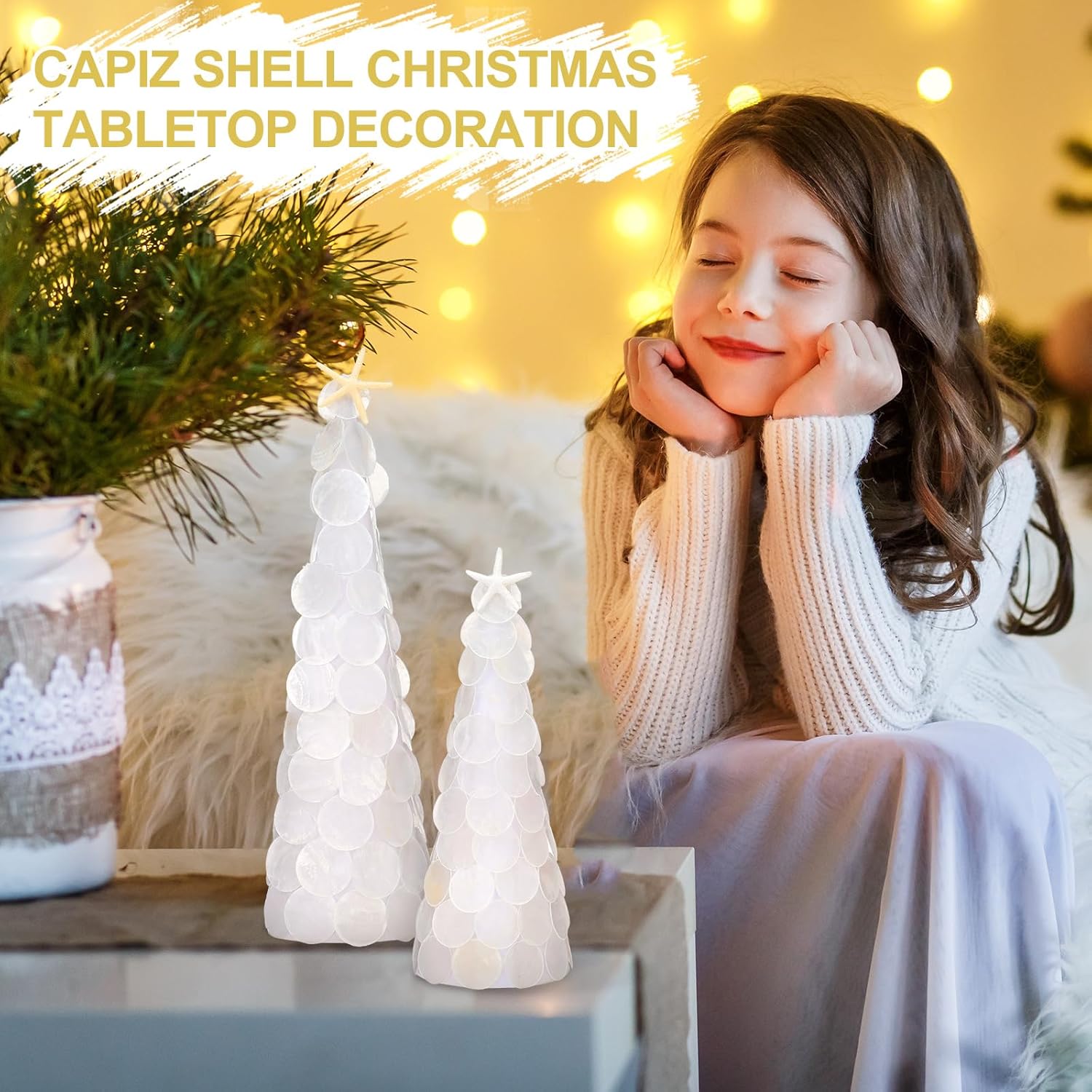 AceOrbit 2 Pack Capiz Shell Christmas Tree Table Decoration 8" 12" White Coastal Christmas Tree Table Centerpiece Artificial Ocean Seashells Tabletop for Xmas Winter Coastal Mantle Shelf Party Favor