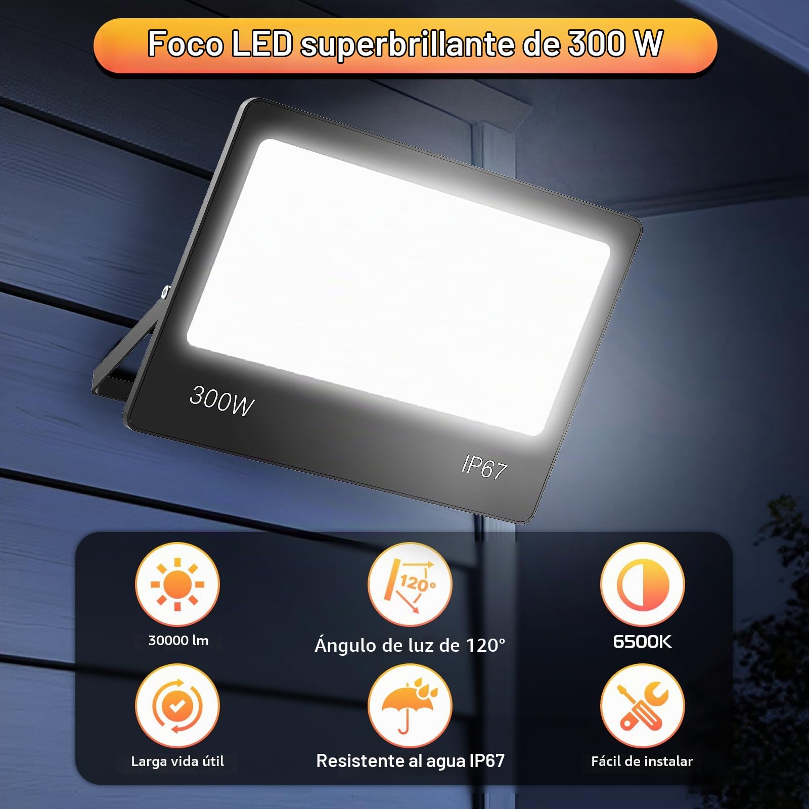 Focos LED Exterior 300W 2PCS, 30000LM Potente Proyector LED Exterior,6500K Blanco Frío IP67 Impermeable Iluminación de Seguridad para Jardin Yarda Garaje Almacenes Estadio