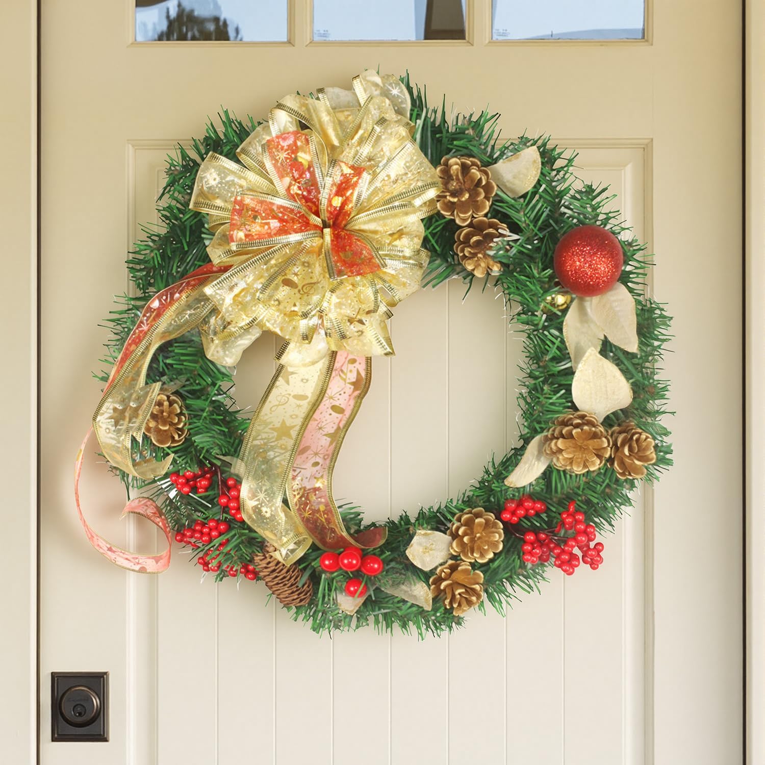 16 Inch Christmas Wreath with Lights,Large Red Bow and Colored Ballswith Battery Box,Warm White 30 LEDs Lights, Front Door Spruce Lighted Wreath,Suitable for Christmas Holiday Decorations(Green)