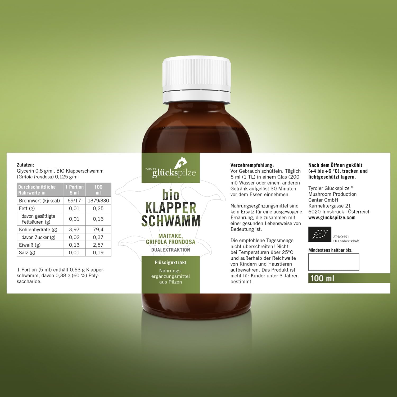 Bio Maitake Flüssigextrakt hochkonzentriert - Dual-Extrakt auf Glycerin Basis - hochdosiert, alkoholfrei - 100 ml - Grifola frondosa Vitalpilze Extrakt - AT-BIO-701