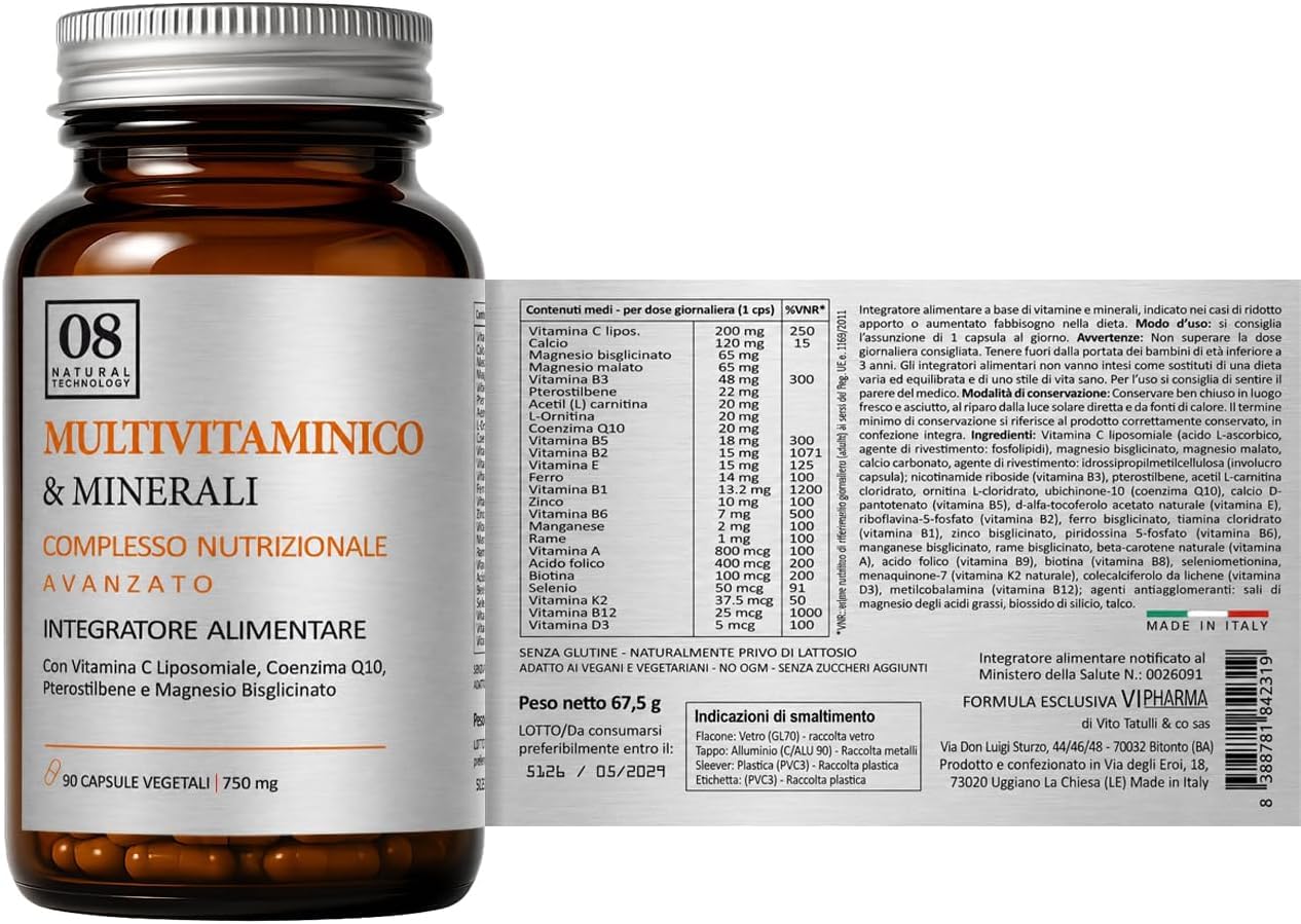 Multivitaminico & Minerali - 180 Capsule - Integratore Alimentare con Vitamina C Liposomiale, Coenzima Q10, Pterostilbene e Magnesio Bisglicinato - Adatto ai Vegani