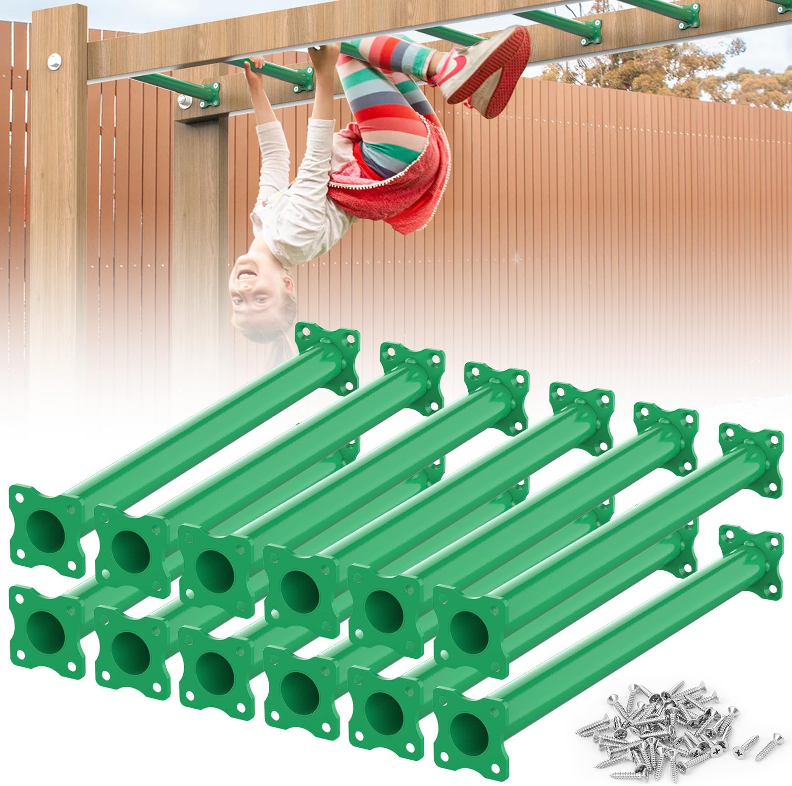 16.5 Inch Monkey Bars Kit Playground Monkey Bar Ladder Rungs for Backyard Indoor Outdoor Kids Metal Monkey Bars Swing Set Playset Accessories (Green, 12 Pcs)