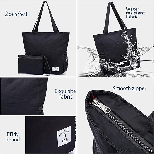 Miniatura 4 de ETidy Bolsa de mano plegable de gran capacidad con cremallera impermeable a prueba de arena para mujer, bolsa de playa, bolsa de gimnasio, bolsa