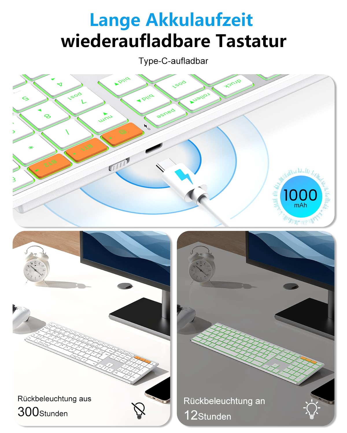 OMOTON Tastatur Kabellose Beleuchtet, Bluetooth + 2,4G, QWERTZ, Silber | Metallgehäuse, Multi-Device, Wiederaufladbar, Leise, Ergonomische, Windows/macOS/PC, Büro/Homeoffice/Reisen