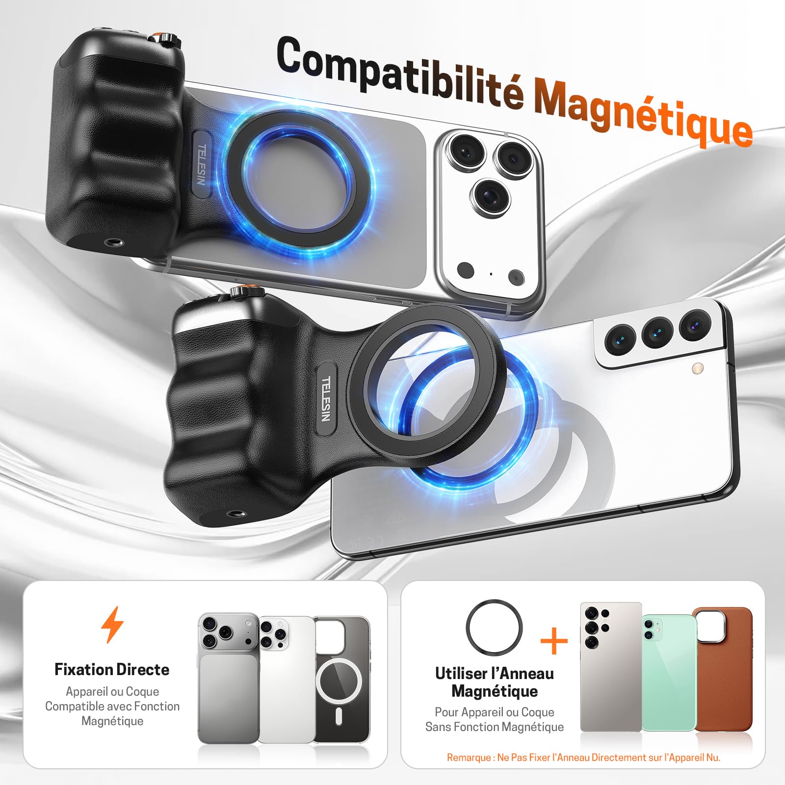 Jeebel Poignée Magnétique pour Téléphone, Magnetic Phone Camera Grip avec Télécommande Bluetooth USB, Filetage 1/4 Pouce, Poignee Stabilisateur pour Selfie Vlog Vidéo avec iPhone & Smartphone Android