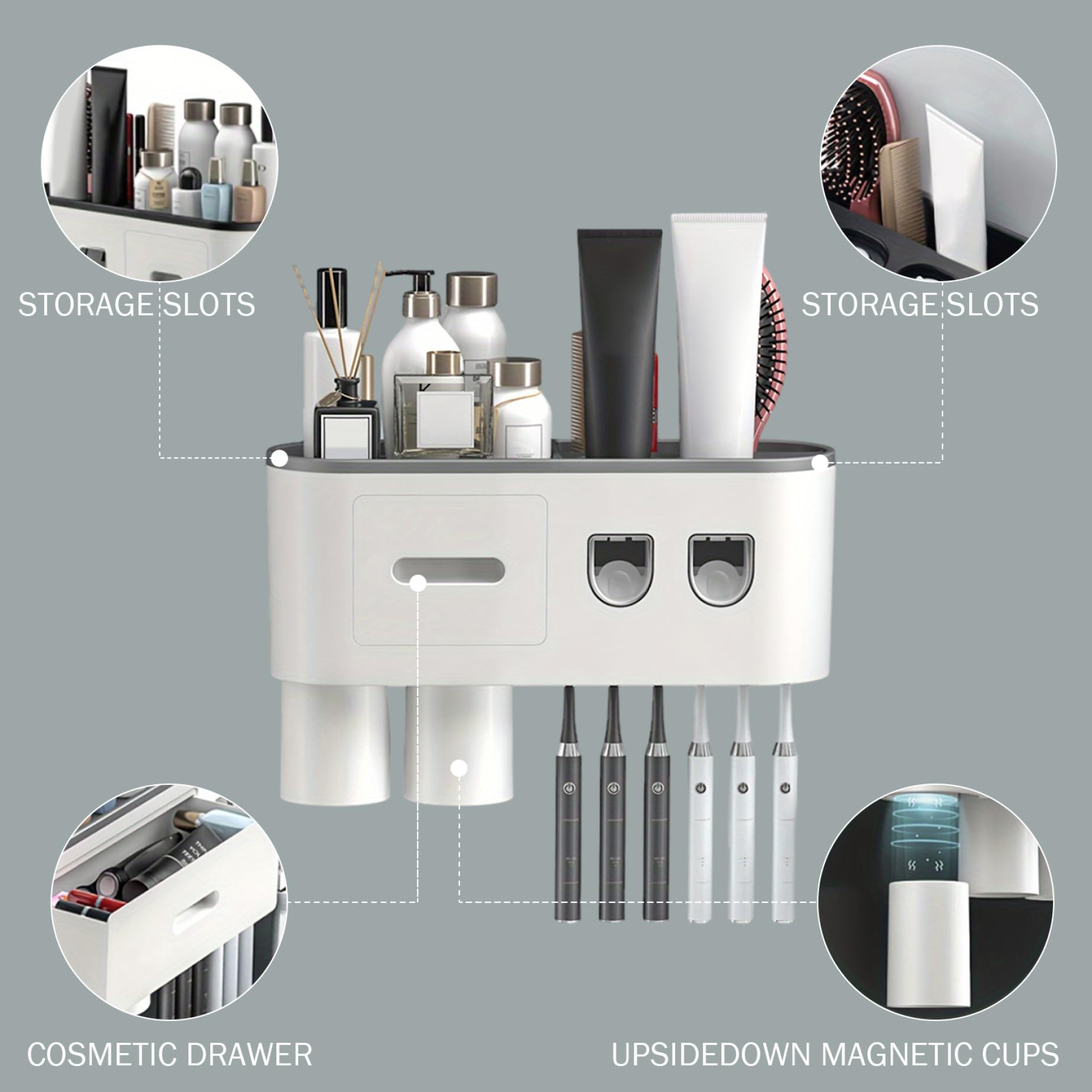 Soporte de pared para cepillo de dientes, dispensador automático de pasta de dientes con 2 tazas magnéticas, 6 ranuras para cepillo, bandeja de almacenamiento y cajón, perfecto para la nización del