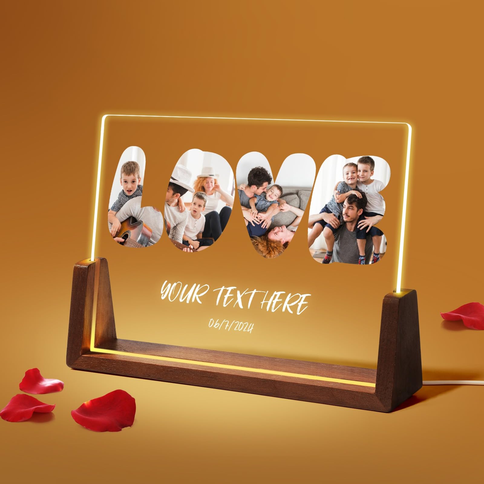 Takezuaa Personalized Birthday Gifts for Adults Kids Pets,Custom Plaque Night Light with Photos for Family Couples,Customized LED Walnut Picture Frame for Christmas Anniversary Wedding,Sty 13