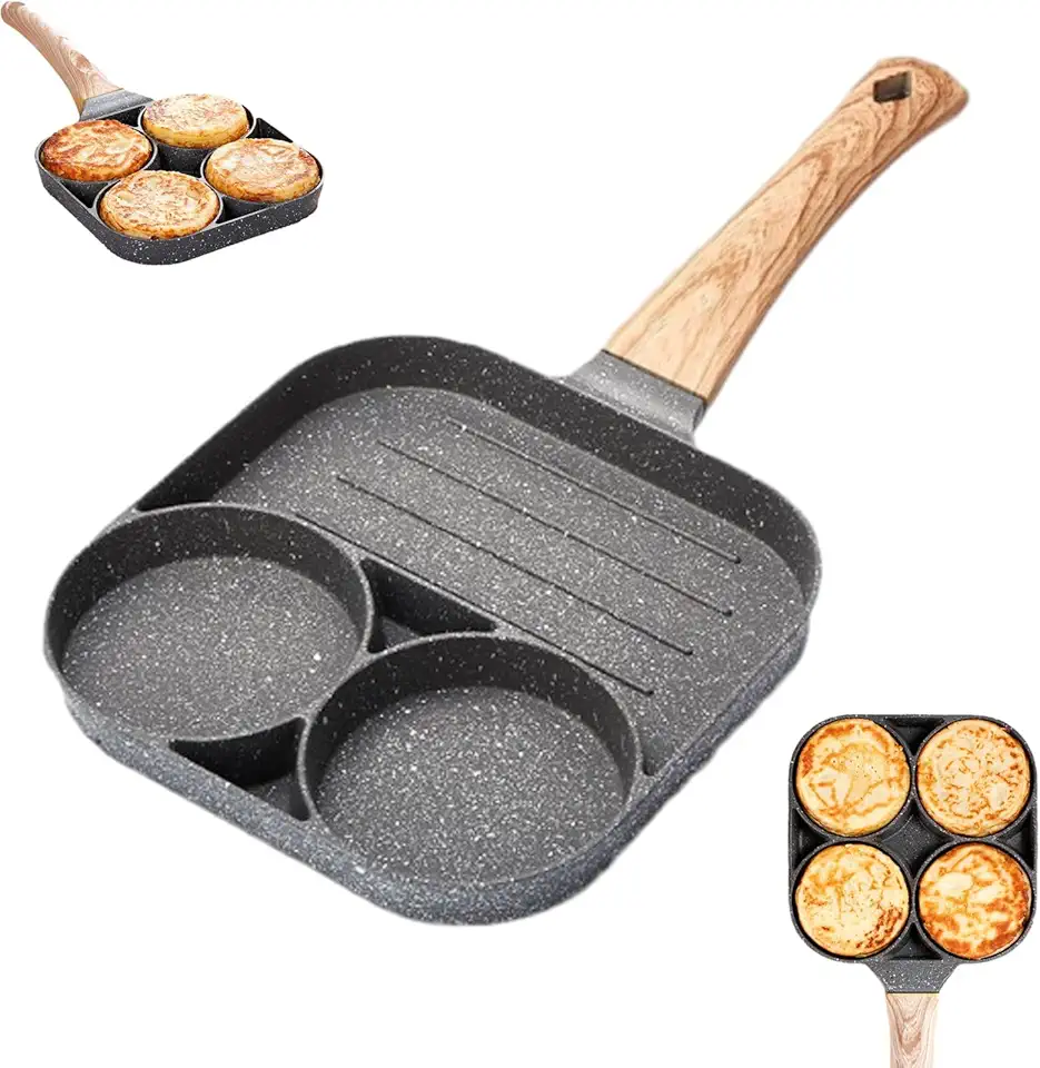 Frigideira Multifuncional Antiaderente 3/4 em 1 Ovos Hambúrguer Omelete Com Alça De Madeira funciona em fogão de indução (2 furos)