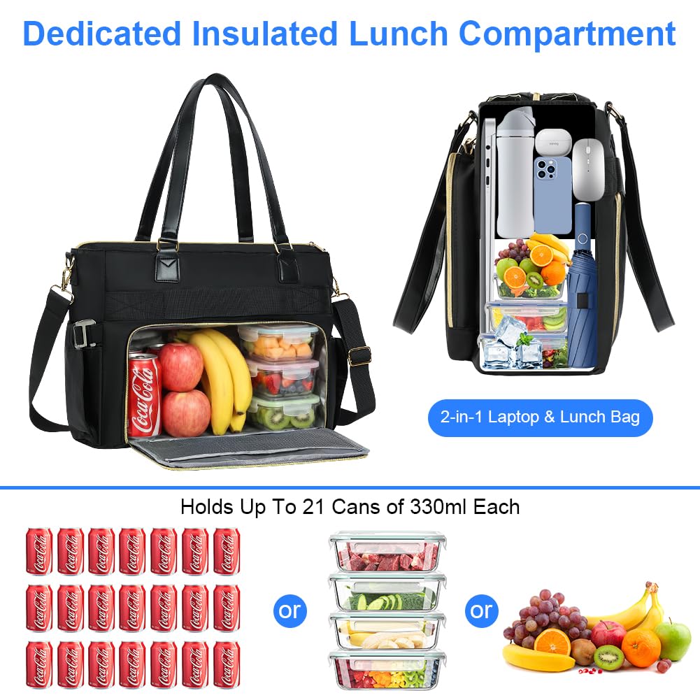 Aolso Lunch Tote Bag da donna 2 in 1, 15,6 Pollici Borsa per il Pranzo Isolata, Borsa per Computer Portatile con Scomparto per il Pranzo, Borsas Termica per Lavoro, Ufficio e Università, Nero