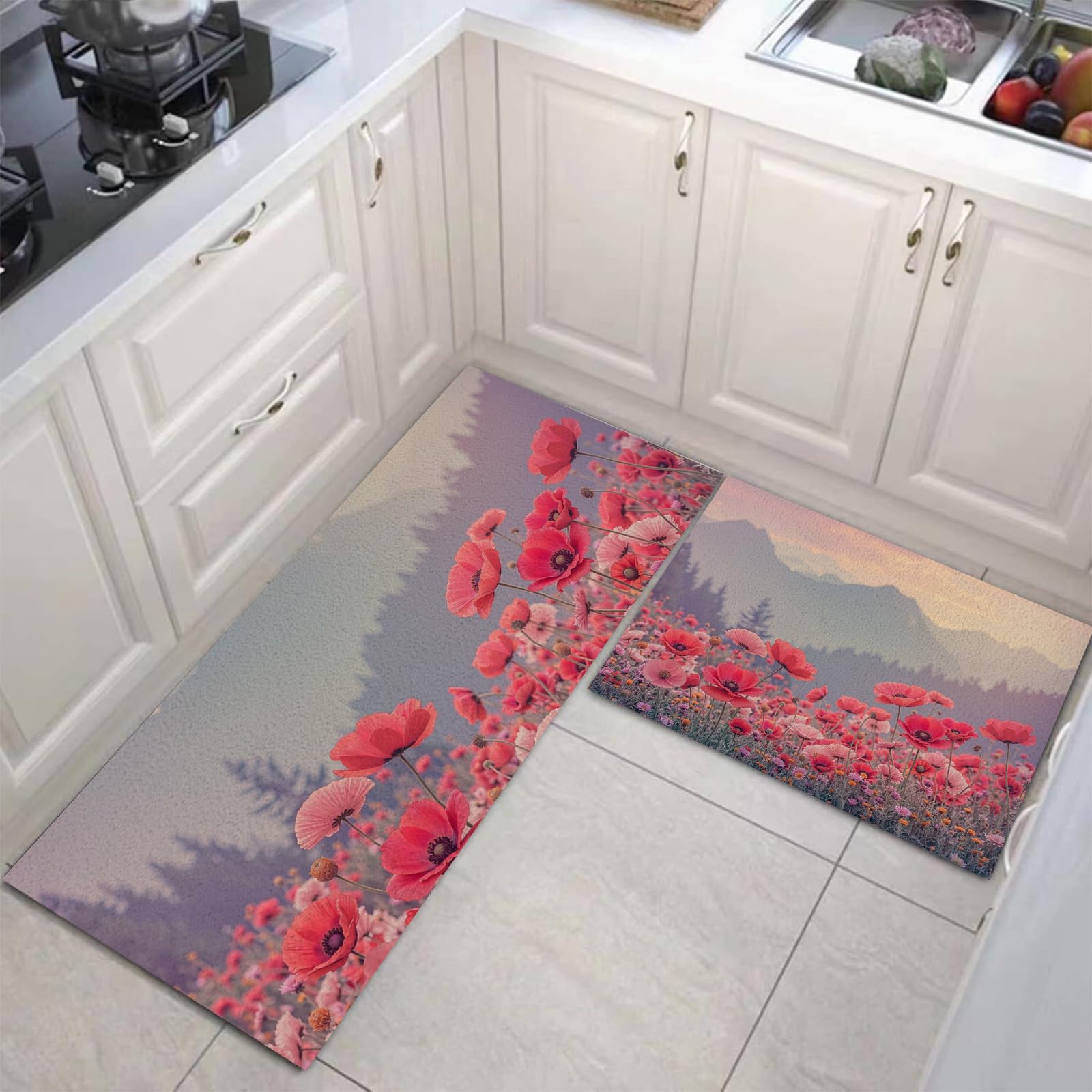 Tapis de cuisine lavable antidérapant lot de 2 tapis de cuisine rouge corail grand format