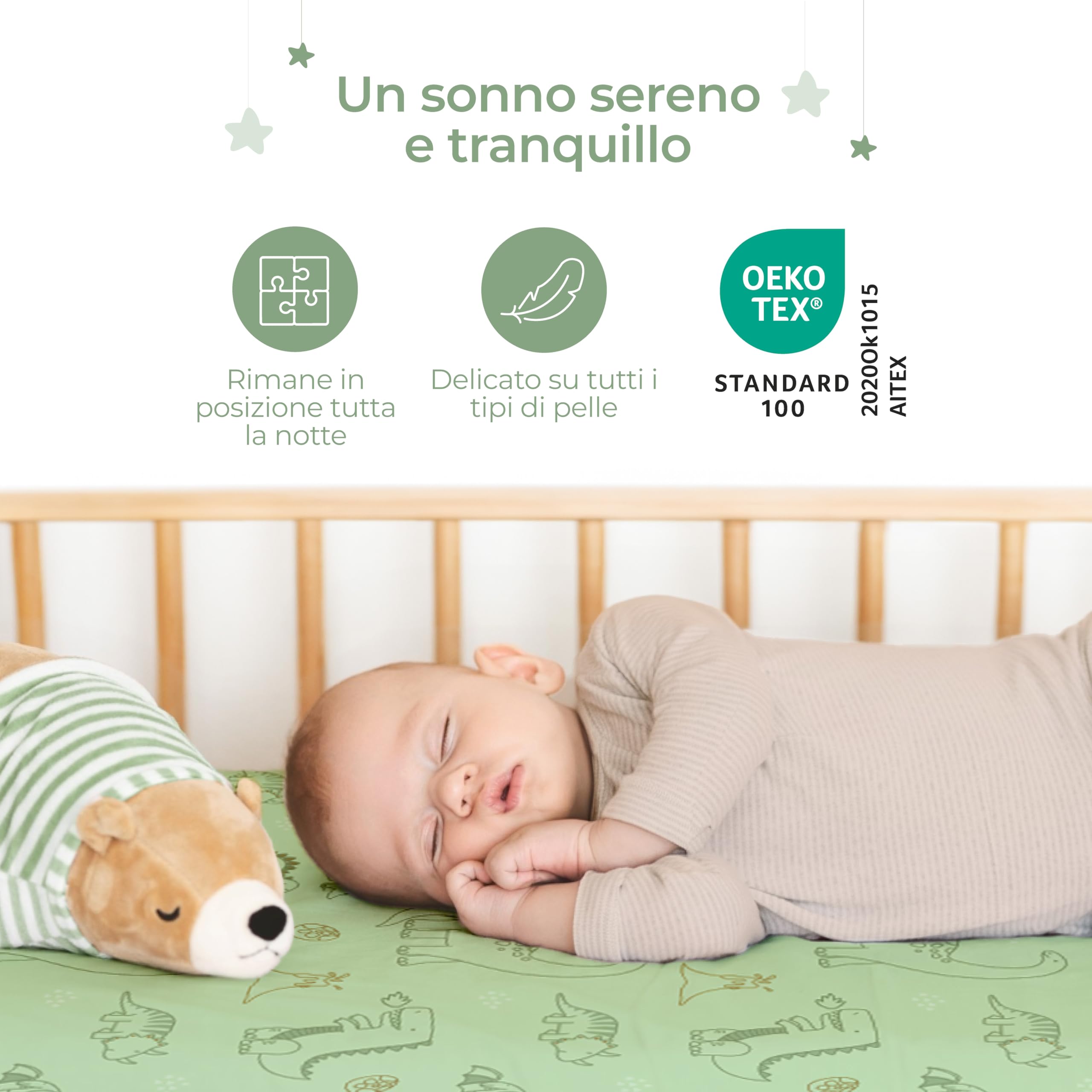 Dreamzie Set 2 Lenzuola Culla 50x83 Cotone - Lenzuolo Con Angoli, Oeko-Tex Certificato - Lenzuola Per Carrozzina E Culla Neonato - Dinosauro Bianco/Verde Salvia