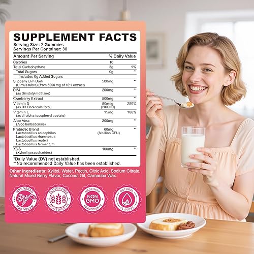 Miniatura 2 de Gomitas de olmo resbaladizo probiótico femenino con Dim, arándano, aloe vera, vitamina D3 y E para mujeres, equilibrio de pH, salud intestinal y