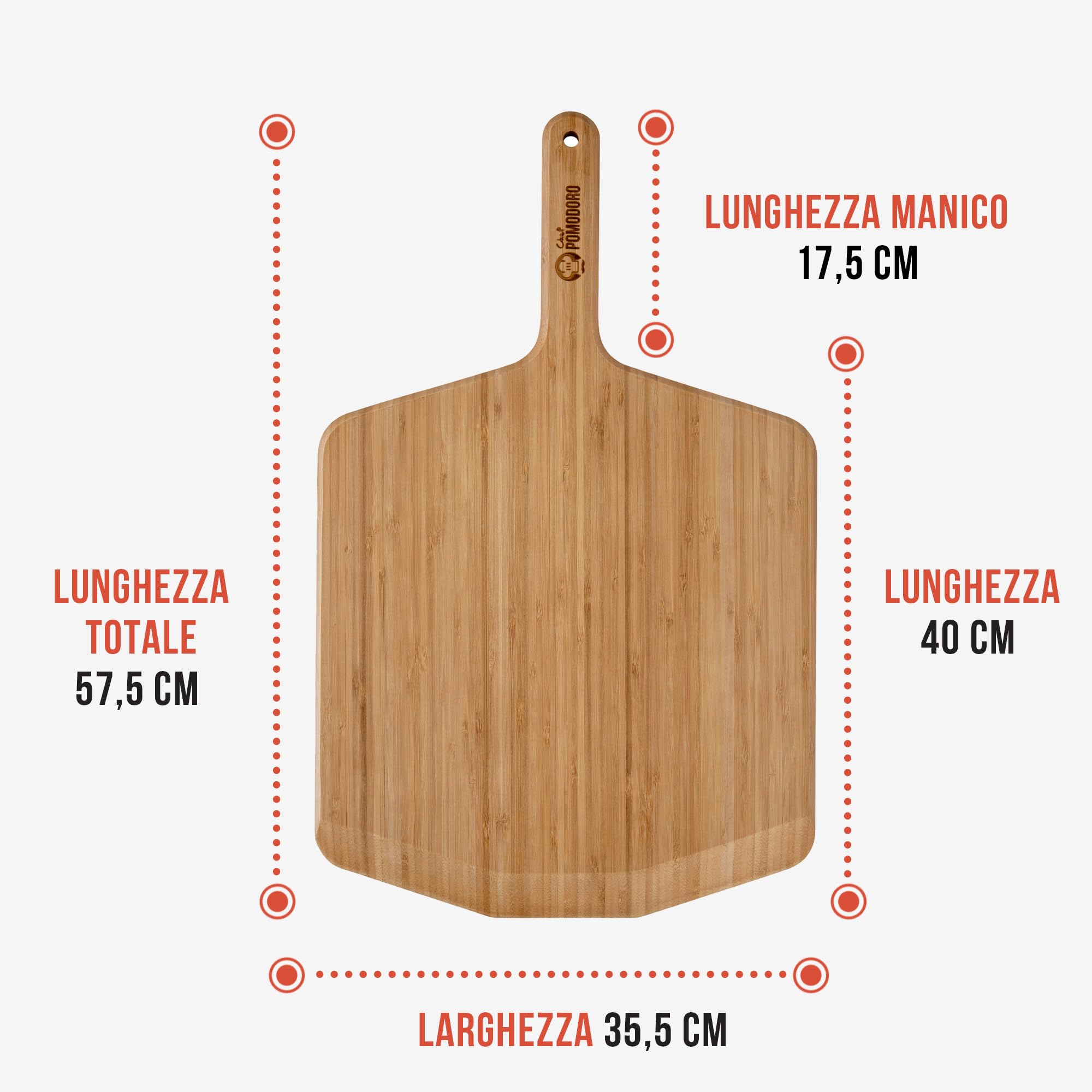 Chef Pomodoro Pala per Pizza Legno di Bambù con Manico Lungo (35,5 cm di Larghezza), Pala Legno Pizza, Pane e Dolci per Forni Domestici, Leggera e Facile da Riporre, Con Bordi Sottili
