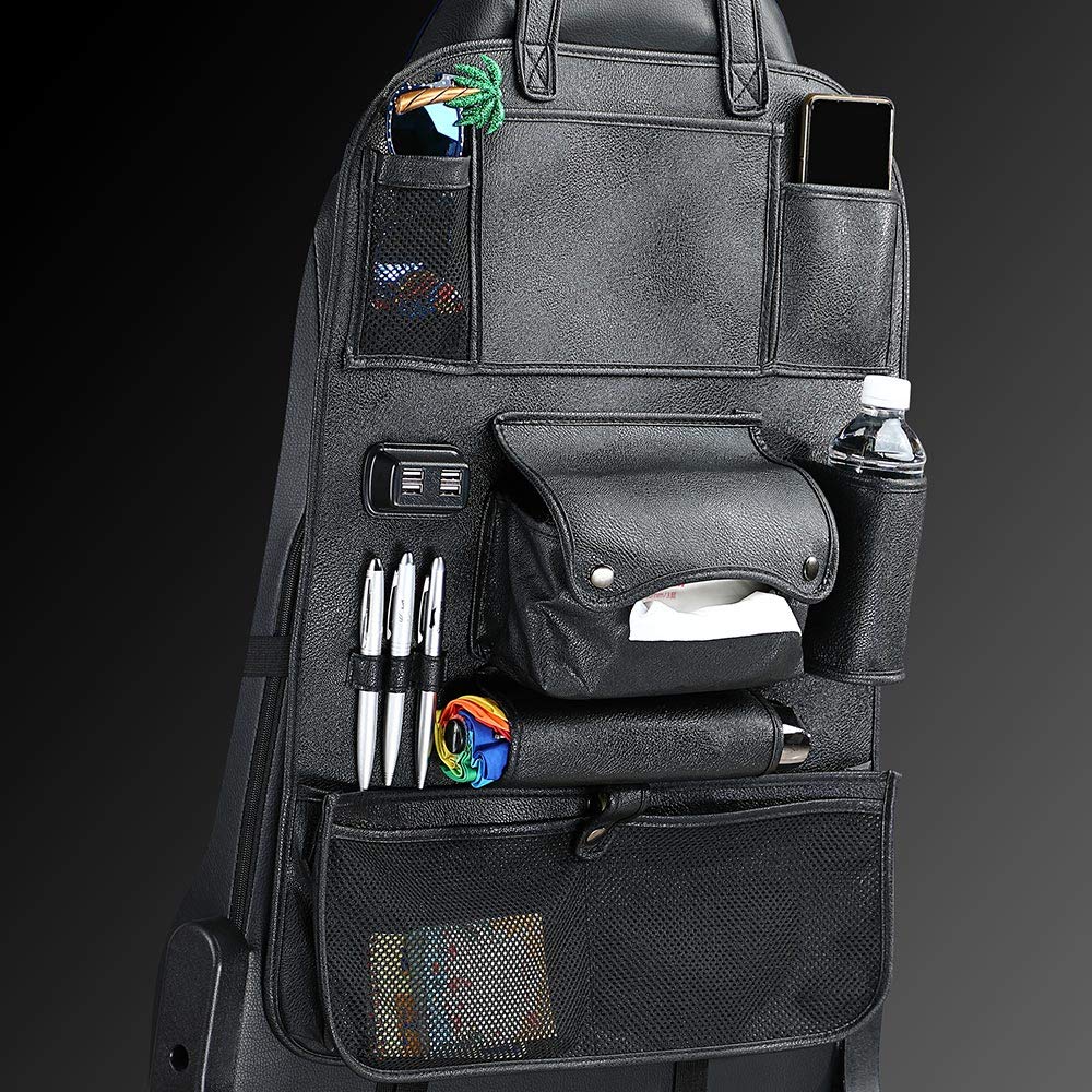 BAKAJI Organisateur Dossier Siège Voiture Avec Table Pliante, 4 Ports USB, Porte-Bouteille Et Poches - Simili Cuir Noir Élégant