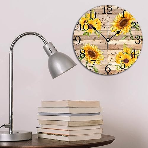 Miniatura 3 de Farm Sunflowers Bee - Reloj de pared de 10 pulgadas, silencioso sin tictac, funciona con pilas, reloj de madera con textura de girasol botánico de