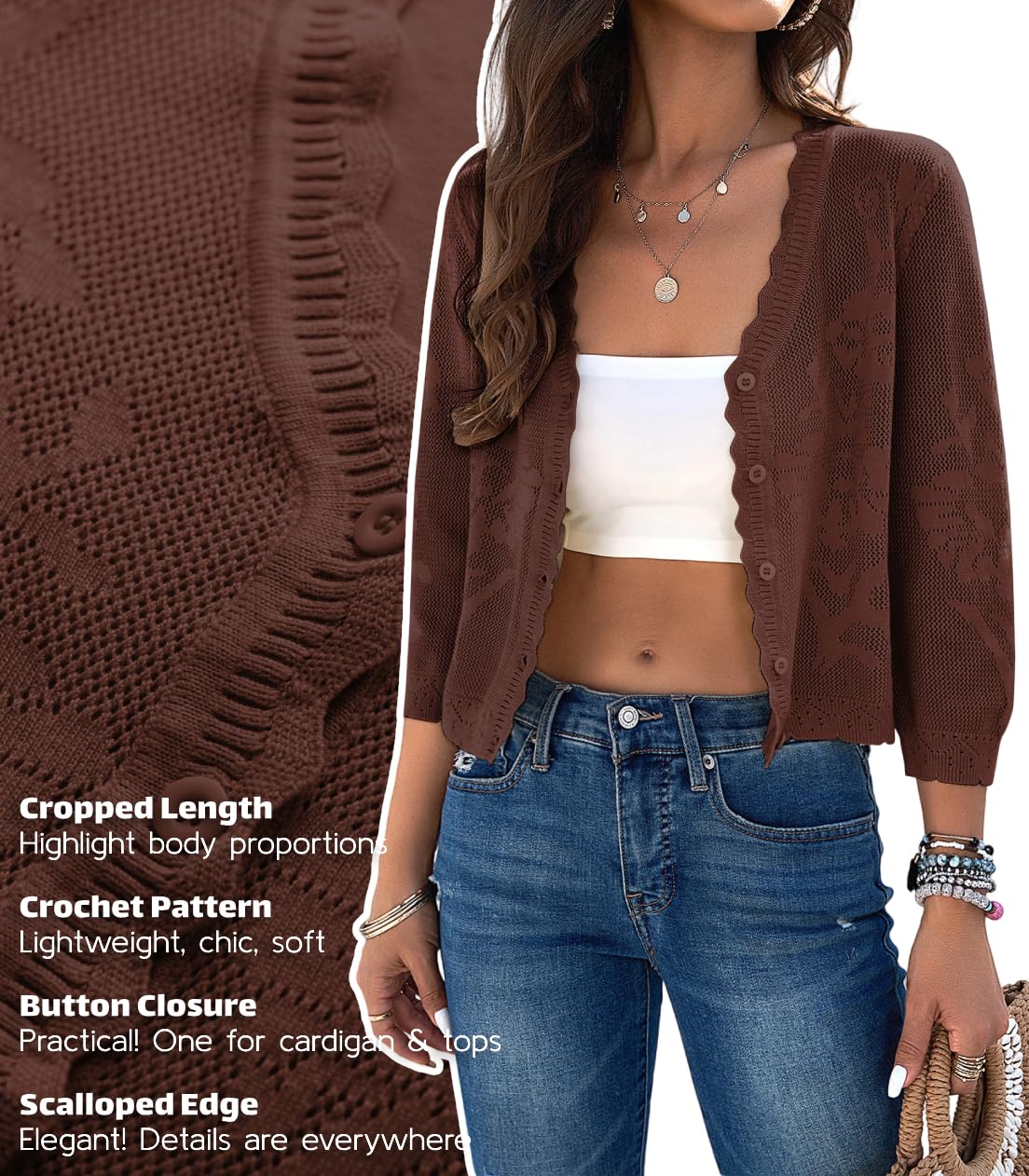 Kate Kasin Cardigan corto da donna 2025 alla moda leggero con maniche a 3/4 abbottonatura all'uncinetto coprispalle top Pistacchio strutturato