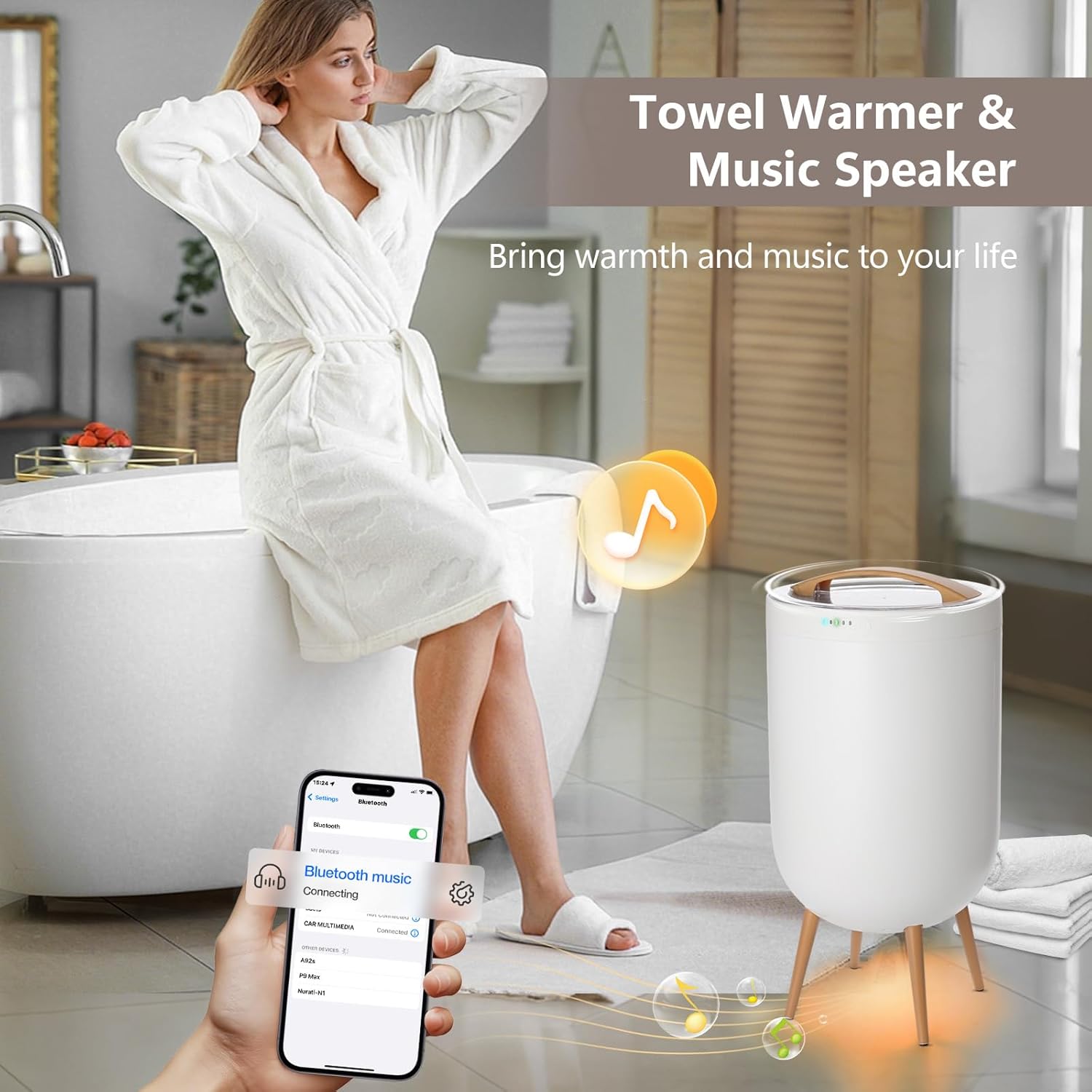 Towel Warmer, 25L Towel Warmer Bucket for Bathroom - Speaker & Ambient Light, Adjustable Timer, Auto Shut-Off, Fits Up to Two Large 40x70 Towels, Blanket Robes Pjs, Ideal Gift