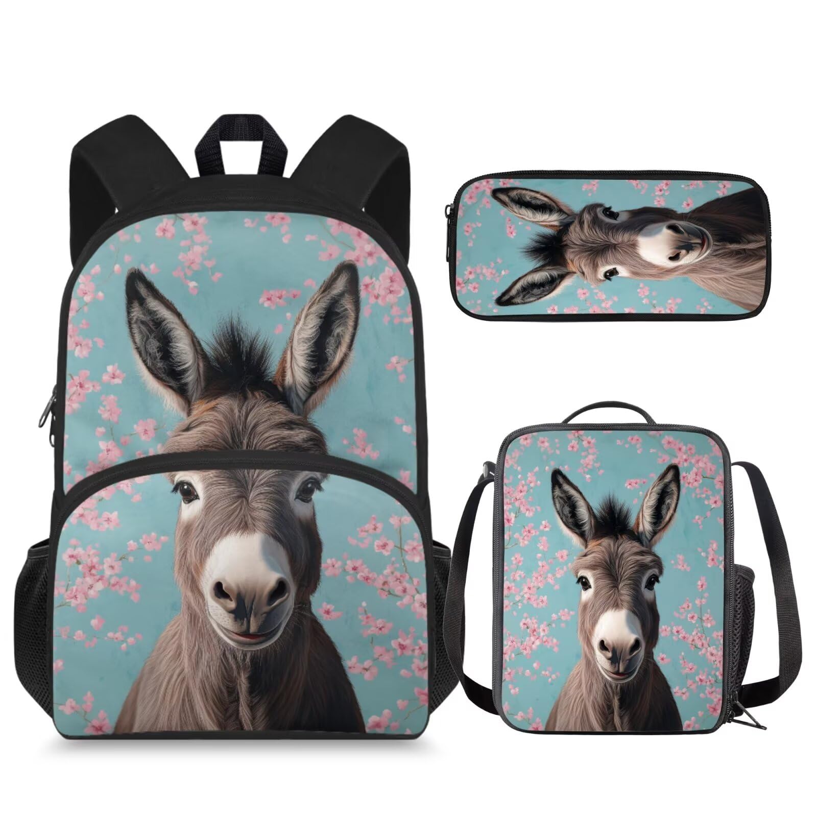 SCRAWLGOD Donkey Backpack Lunchbox Set for Girls 6-8/8-10/10-12 Cherry Blossom Middle School Boolbag for 1st Grade with Lunch Box Pencil Case 3 in 1