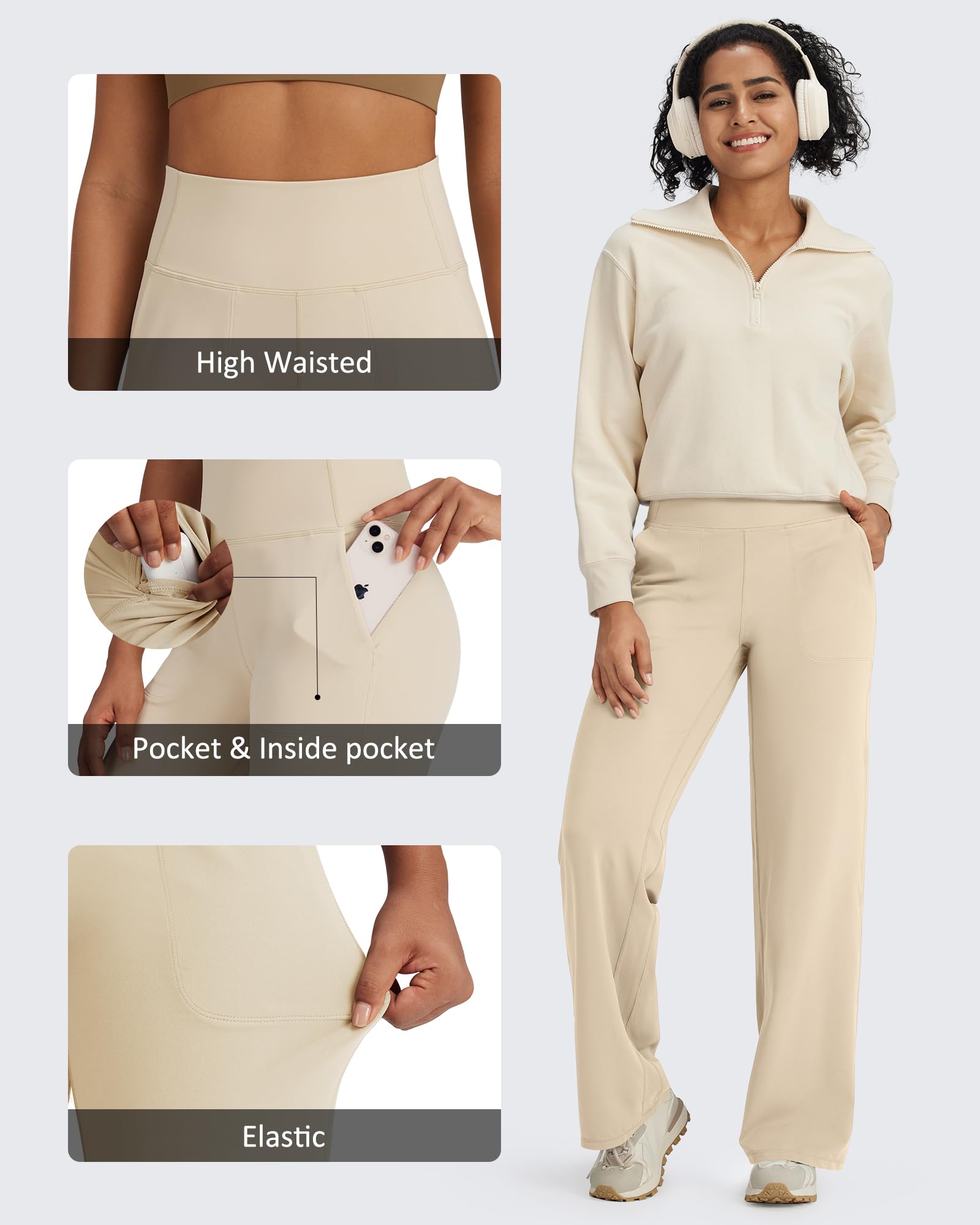 G4Free BareFeel - Pantaloni da yoga da donna, morbidi, a vita alta, casual, a gamba larga, con tasche, Khaki chiaro , S