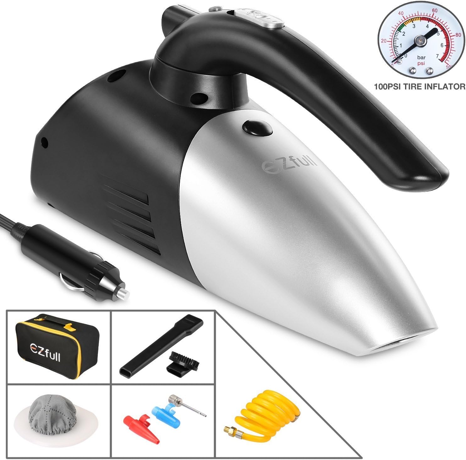 EZfull Car Vacuum Cleaner Portable Handheld Car Hoover Wet Dry Auto Vacuum Cleaner Car Auto Duster Tools 12-Volt 4 in 1 Portable with 2.75M Power Cord with LED Light Inflator Tyre(Black)