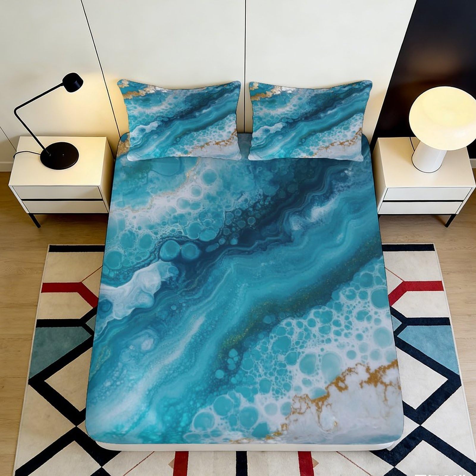 3D Printed Ocean Wave Fitted Sheet Microfiber Soft Blue Marble Bed Cover for Bedroom Guest Room Decor 90x200x25cm