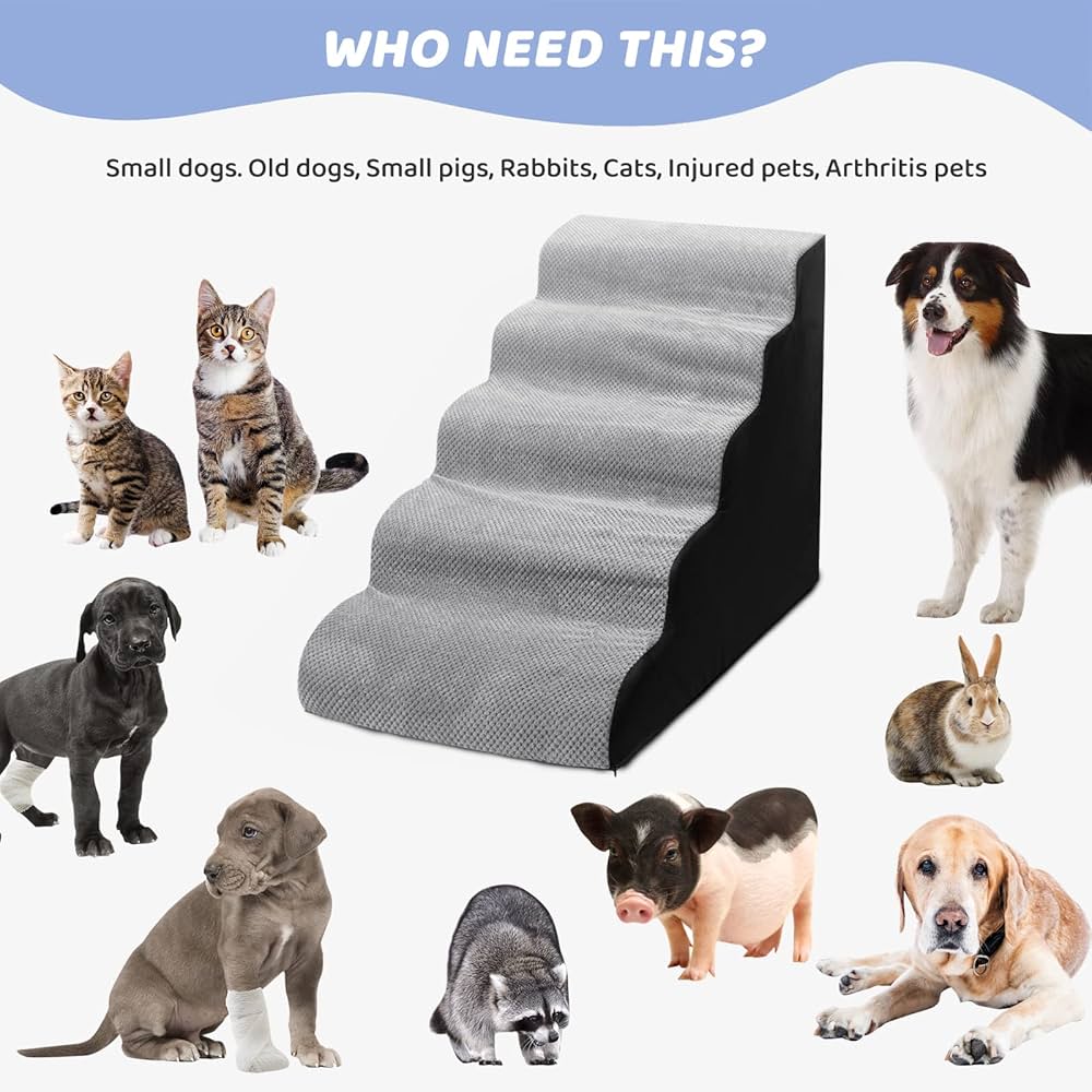 SuleeMat Dog Stairs For High Beds, 28 Inch Height Pet Stairs For Small Dogs Extra Wide Foam 6 Tier Dog Steps Non Slip Dog Steps With Removable Cover Grey Pet Ramps For Injured Dogs And Older Cats