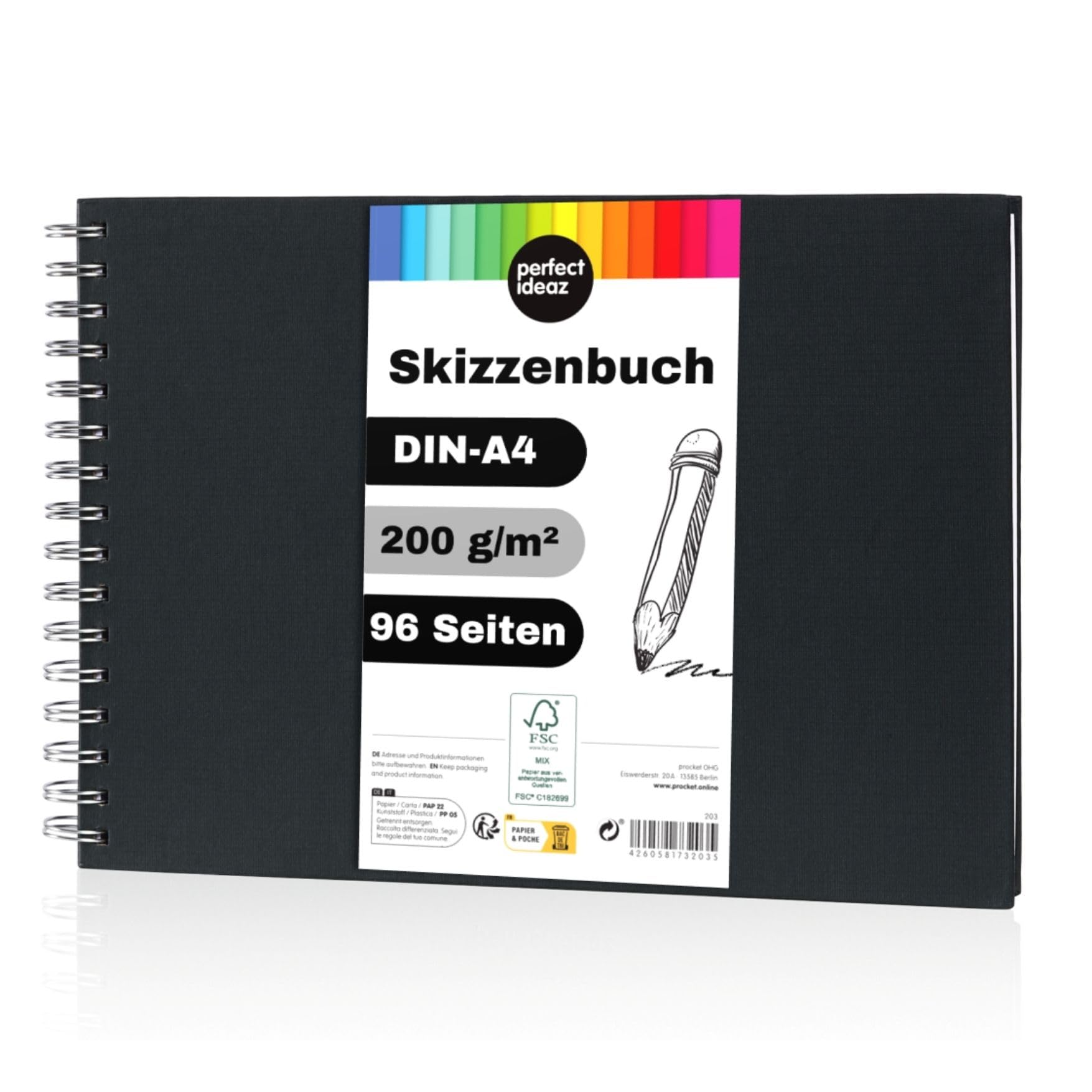 perfect ideaz Cuaderno de bocetos DIN A4, 96 páginas (48 hojas), dibujo profesional, tapa dura negra, encuadernado anillas en espiral con papel en blanco, 200 g, cuaderno negro en blanco para dibujar