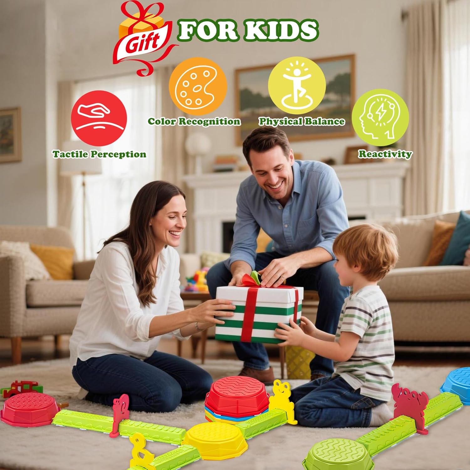 VROGTIK Stepping Stones for Kids, 15 Piece Balance Beams Toddler Stepping Stones Obstacle Course Sensory Toys with Game Spinner and Card for Indoor Outdoor Toys Gifts for 3 4 5 6 7 8 9 Years Old Kids