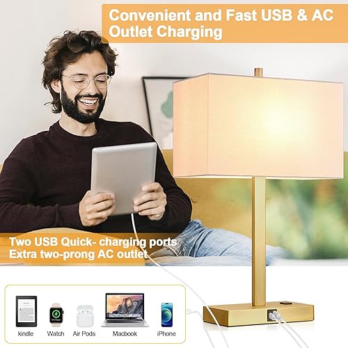 Miniatura 7 de 21" Set of 2 Touch Control Table Lamps with 2 USB & AC Outlets, 3-Way Dimmable Modern Nightstand Lamps for Bedroom Living Room Office Reading, White