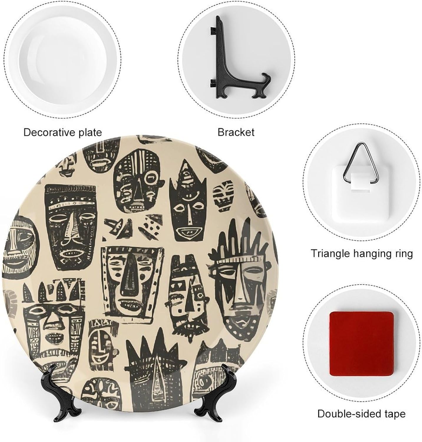 African Tribal Masks Decorative Plates for Display Ceramic Plate Tray with Stand Hanger Home Decor