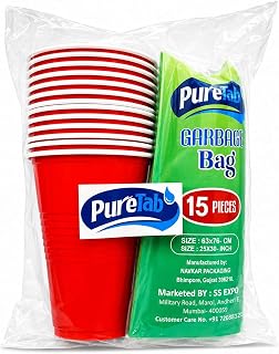 Disposable Plastic Trash Bag & Party Cups, 1 Roll 15 Count & 15oz 10 Red Count party cups