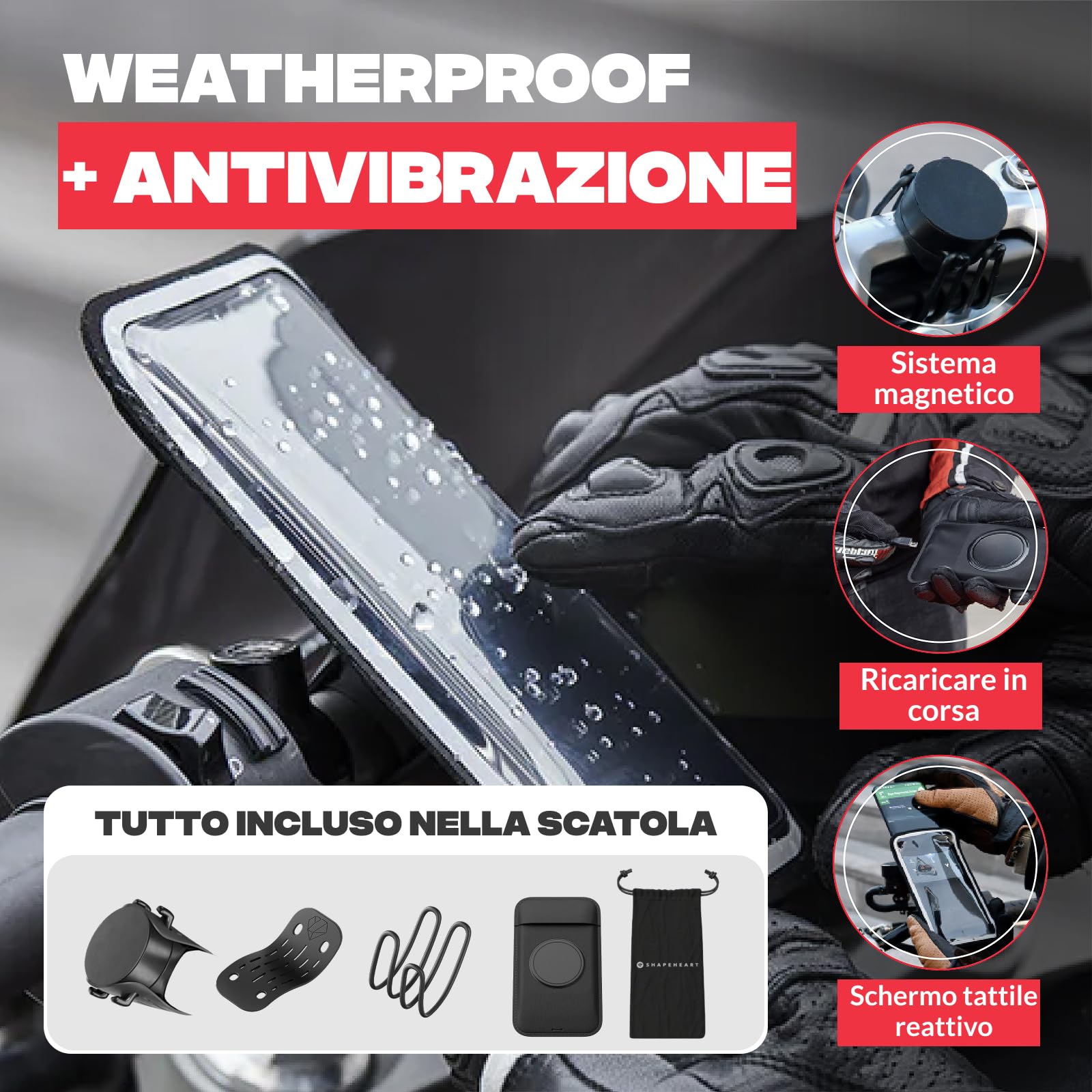 SHAPEHEART Innovazione Francese, Porta Cellulare Moto Magnetico. Assorbe Vibrazioni, Impermeabile, Rotazione 360°, Supporto Telefono per Manubrio