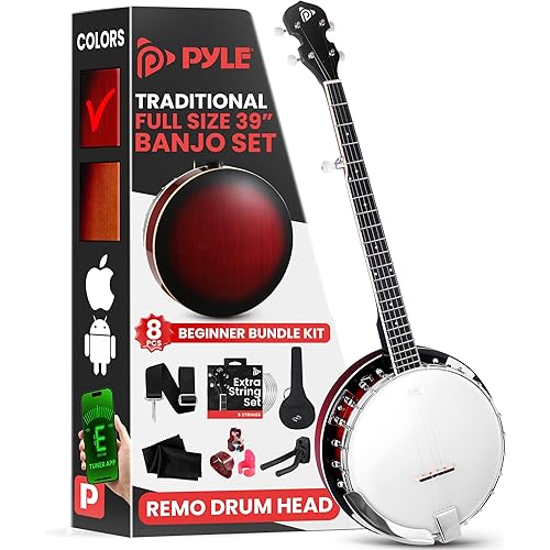 Pyle Banjo Kit with Remo Head and Sapele Resonator, 39" Full Size Traditional Open or Closed Back 5 String Instrument with 24 Brackets, Geared 5th Tuner Peg, and Premium Accessory Kit, Red Burst