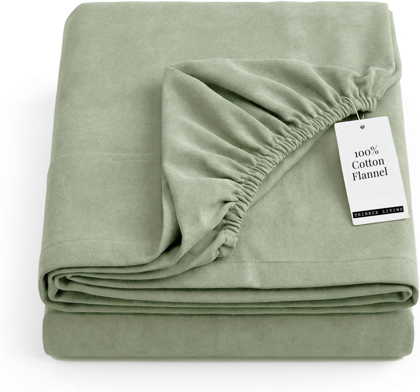 Tribeca Living Queen Flannel Fitted Sheet 170 GSM Brushed Cotton - Extra Deep Pocket Fits Mattresses up to 24 Inches - Warm and Cozy for Cold Nights in Green