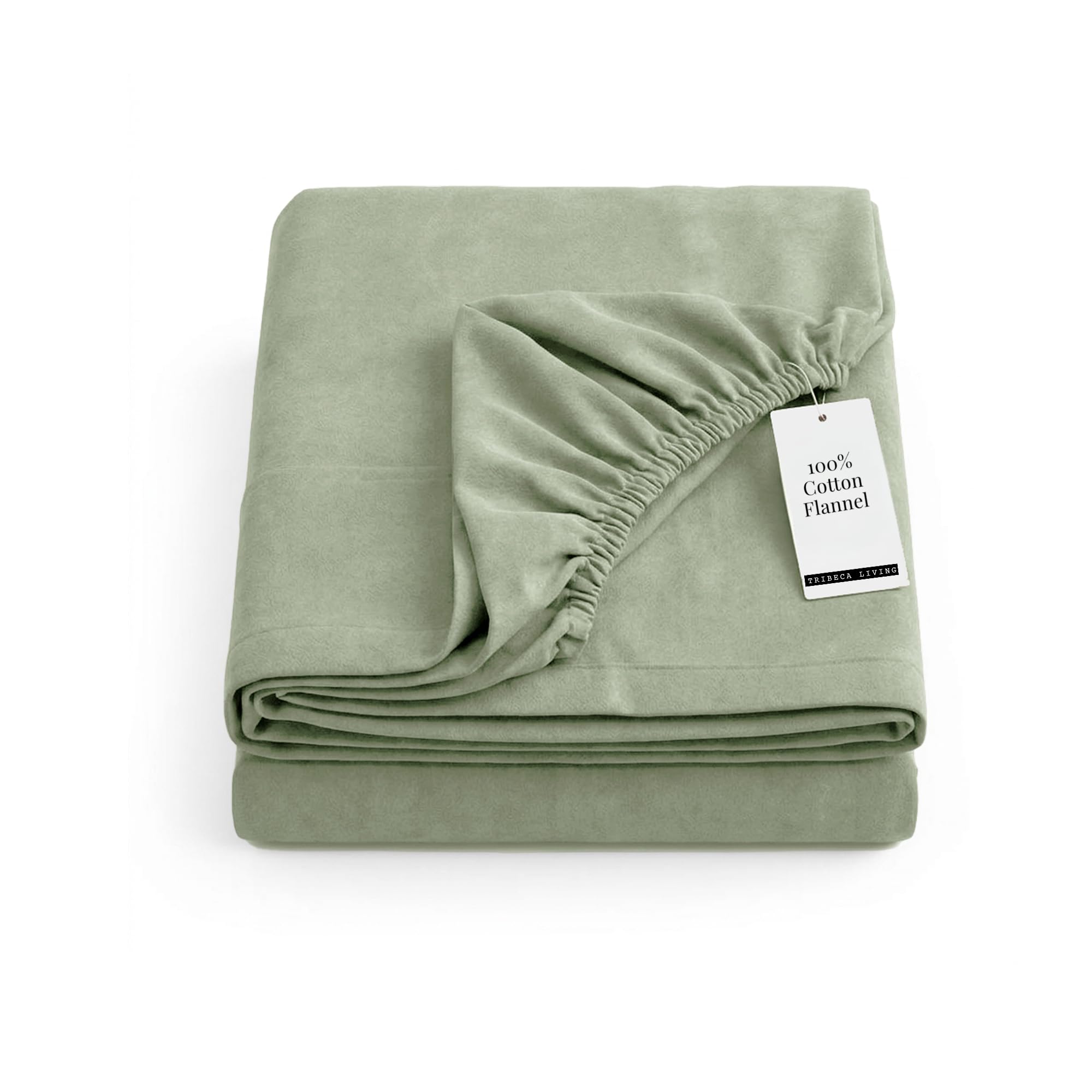 Tribeca Living Cal King Flannel Fitted Sheet 170 GSM Brushed Cotton - Extra Deep Pocket Fits Mattresses up to 24 Inches - Warm and Cozy for Cold Nights in Green