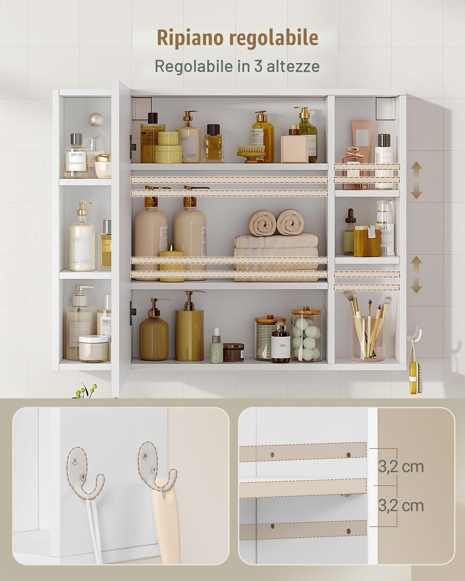 Hzuaneri Specchio Bagno Contenitore, Ripiani Aperti, 16,5 x 80 x 65 cm | Mobile da Bagno a Specchio, Regolabili, Bianco, a Parete, Montaggio Flessibile, MC23303X