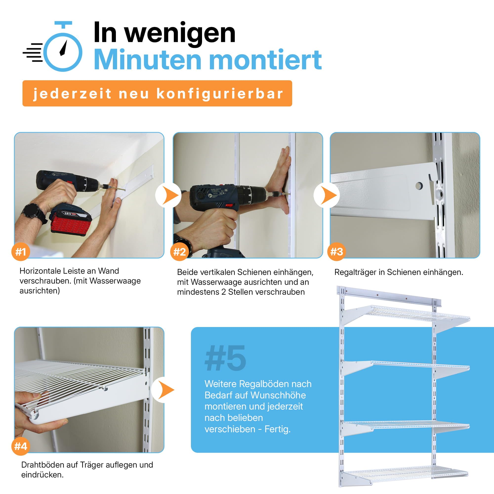 Wandregal Metall Anthrazit mit Drahtboden · 28 Varianten · 150x60x30cm (HxBxT) 4 Böden · Flexibles Wandschienen Regalsystem für Ankleide, Vorratsraum, Büro, Garage, Keller & Werkstatt