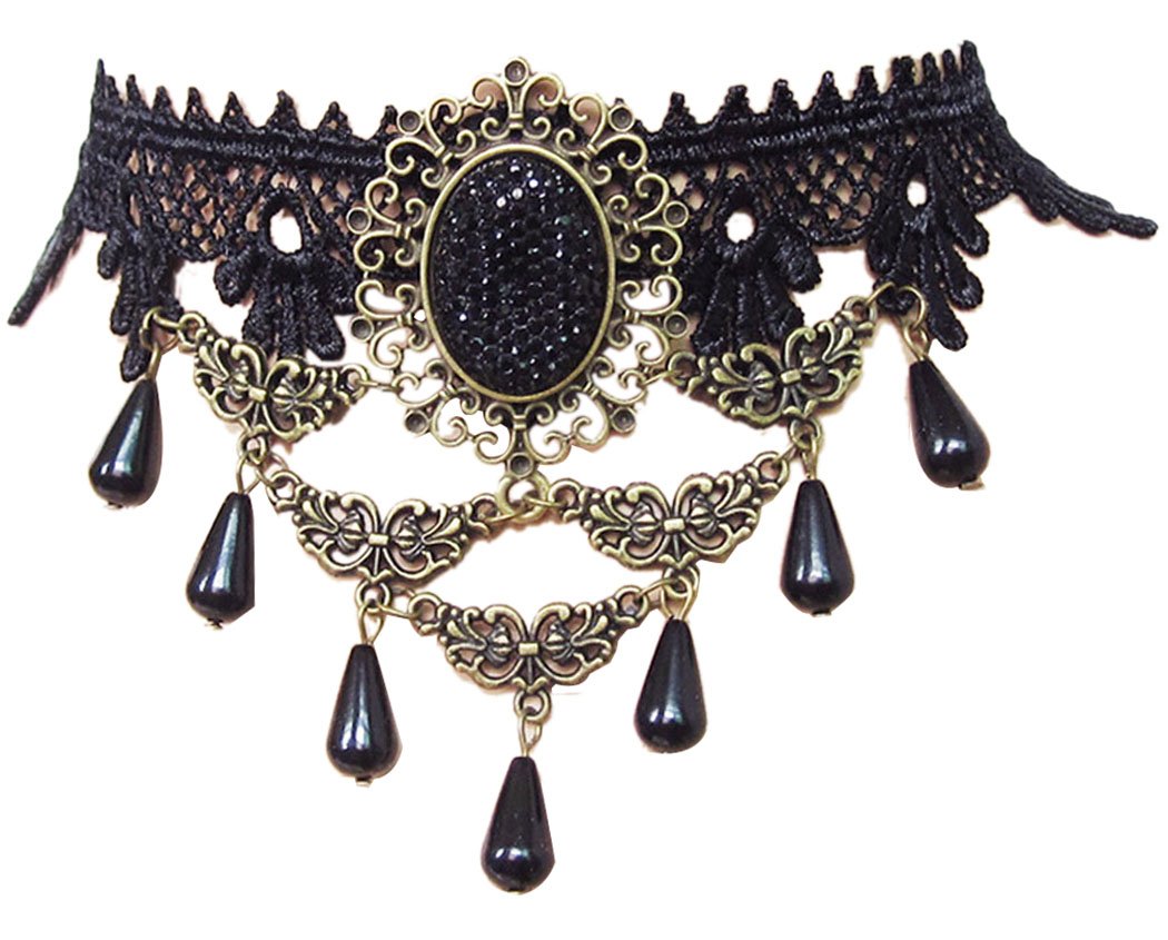 AniwonWomen's Lace Choker False Beads and Rhinestone Collar Necklace One Size Black