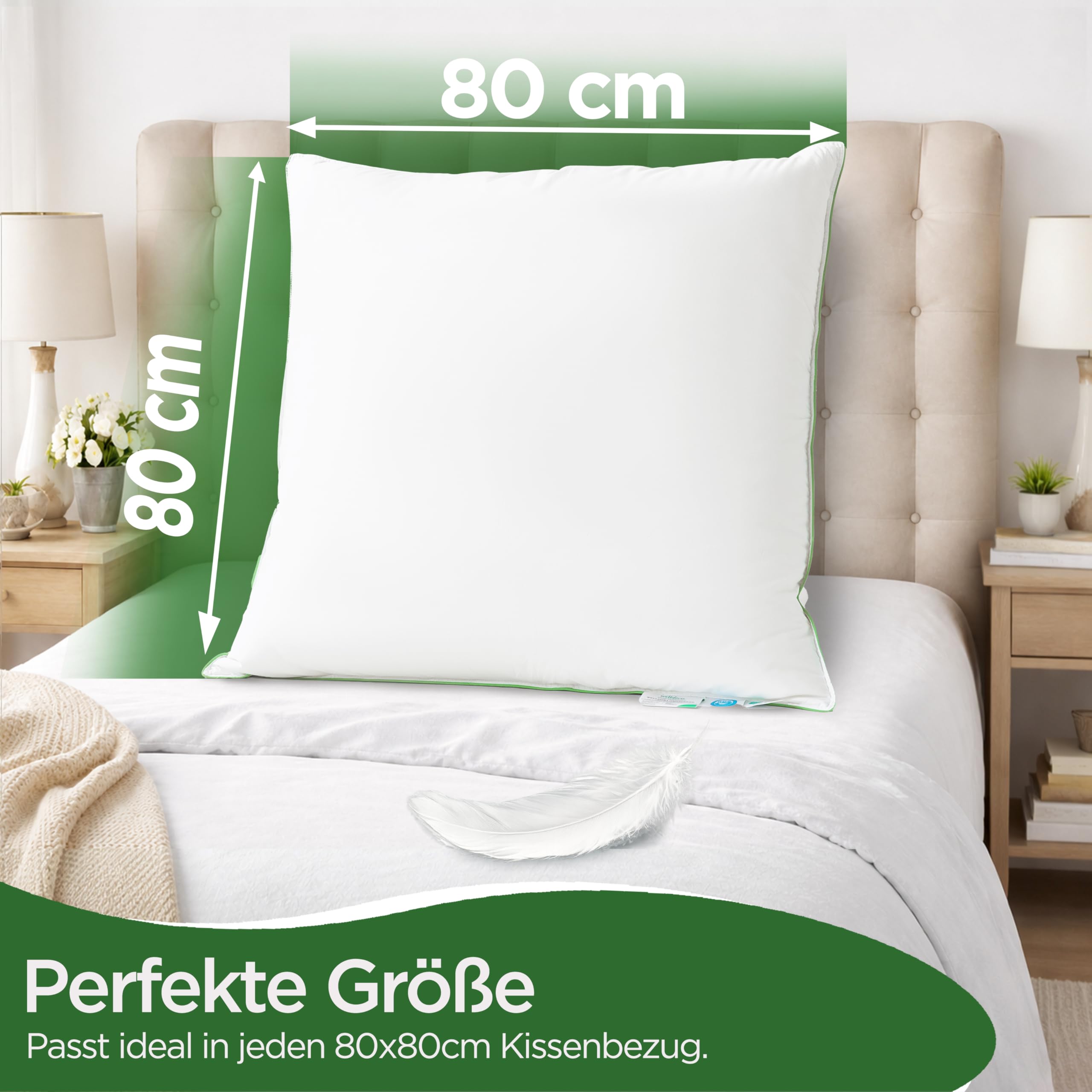 Welldora Kopfkissen 80x80 100% natürliche Daunenfasern Federn 3 Kammern Nackenstützkissen Oeko-Tex zert.