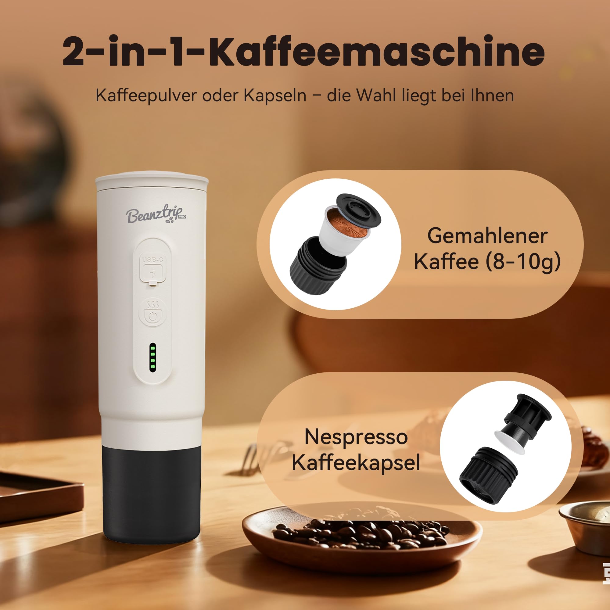 H02 PRO 2-in-1 Tragbare Kaffeemaschine mit Akku, 20 Bar, Selbsterhitzung, USB-C, kompatibel mit NS-Kapseln & gemahlenem Kaffee, Mini Campingkaffeemaschine für unterwegs, Wohnmobil – Geschenk Vatertag